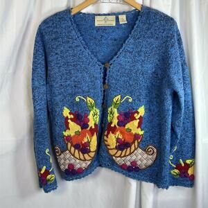 Design Options By Philip & Jane Gordon Blue Cornucopia Cardigan Thanksgiving Lg